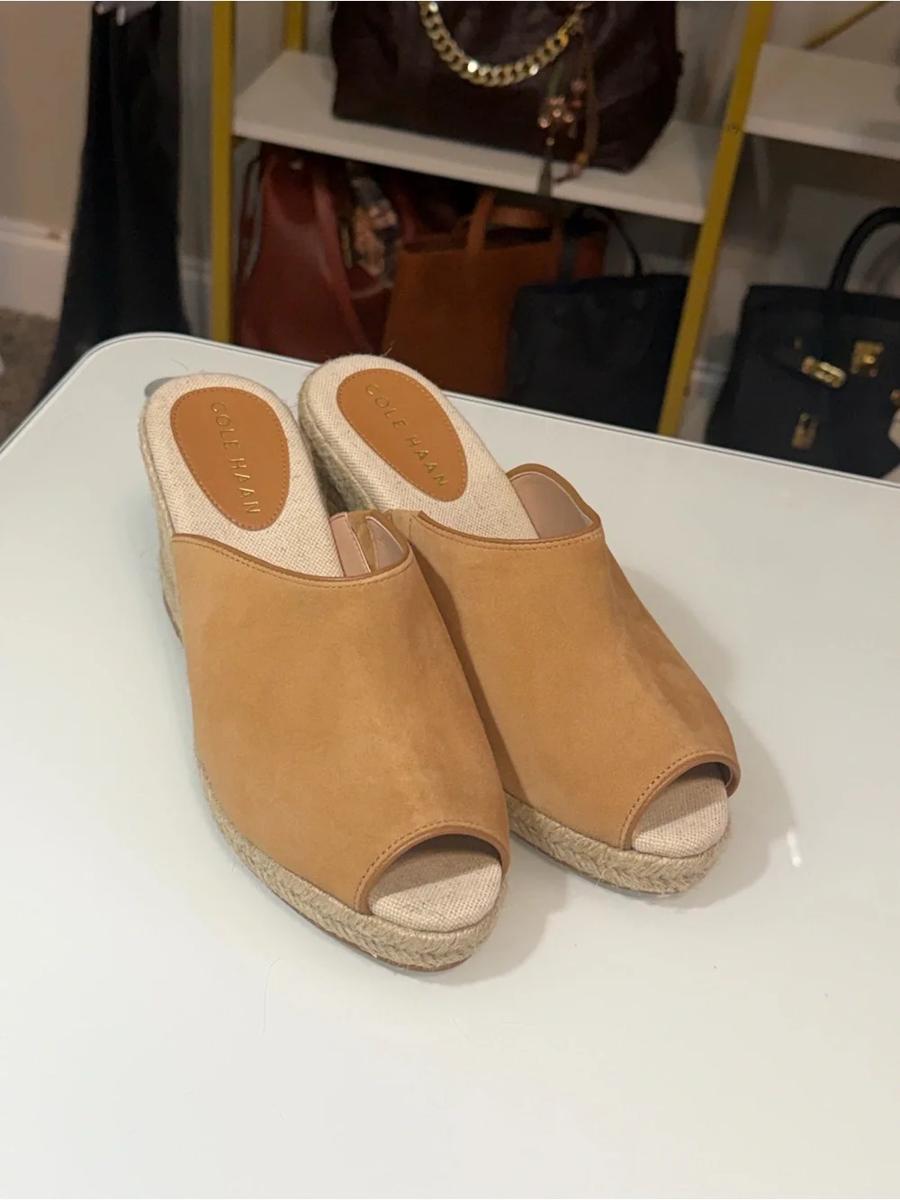Cole Haan Cloudfeel Southcrest Espadrille Wedge Mule in tan suede sz7